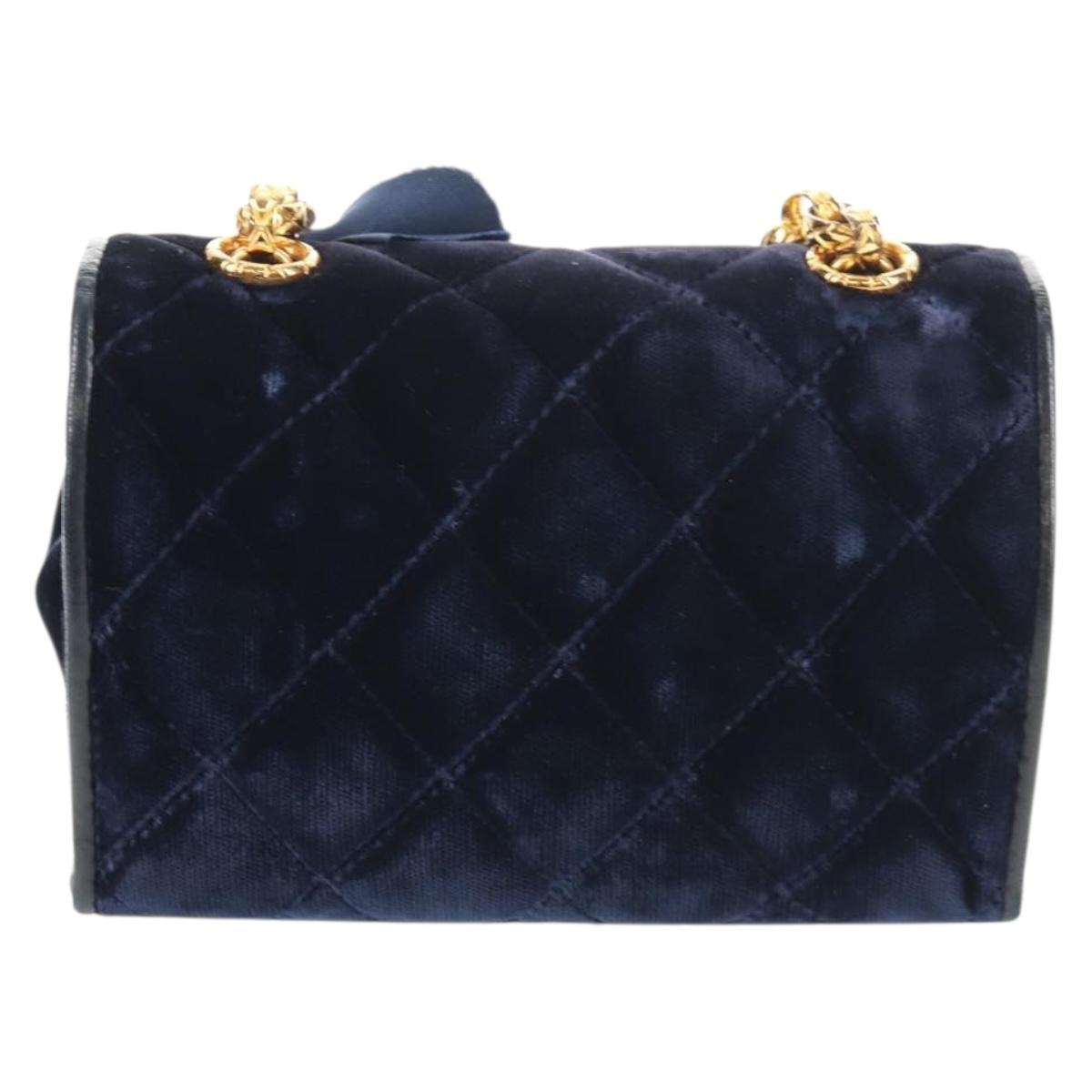 CHANEL Camellia Matelasse Flap Chain Bag Velor Navy Gold CC Auth bs29963V