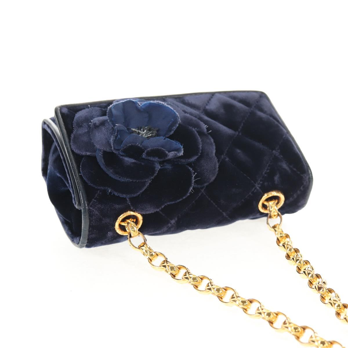 CHANEL Camellia Matelasse Flap Chain Bag Velor Navy Gold CC Auth bs29963V