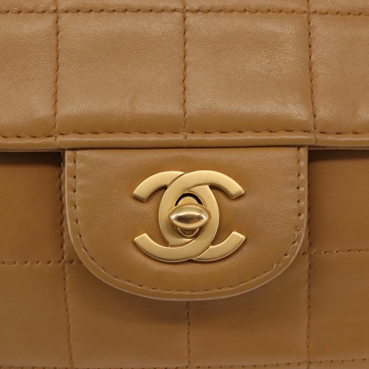 CHANEL Choco Bar Flap Chain Shoulder Bag Lamb Skin Beige Gold CC Auth bs29970