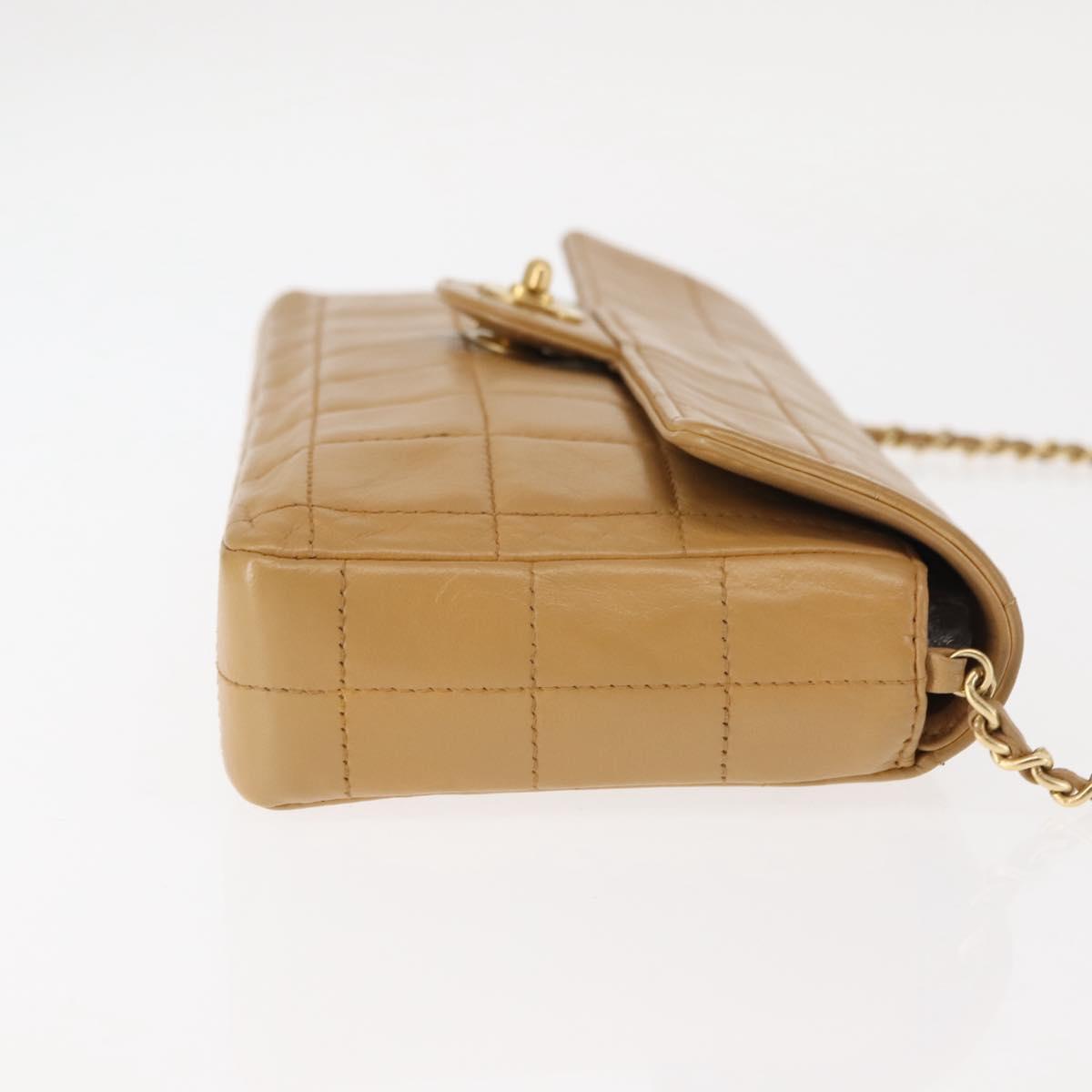 CHANEL Choco Bar Flap Chain Shoulder Bag Lamb Skin Beige Gold CC Auth bs29970