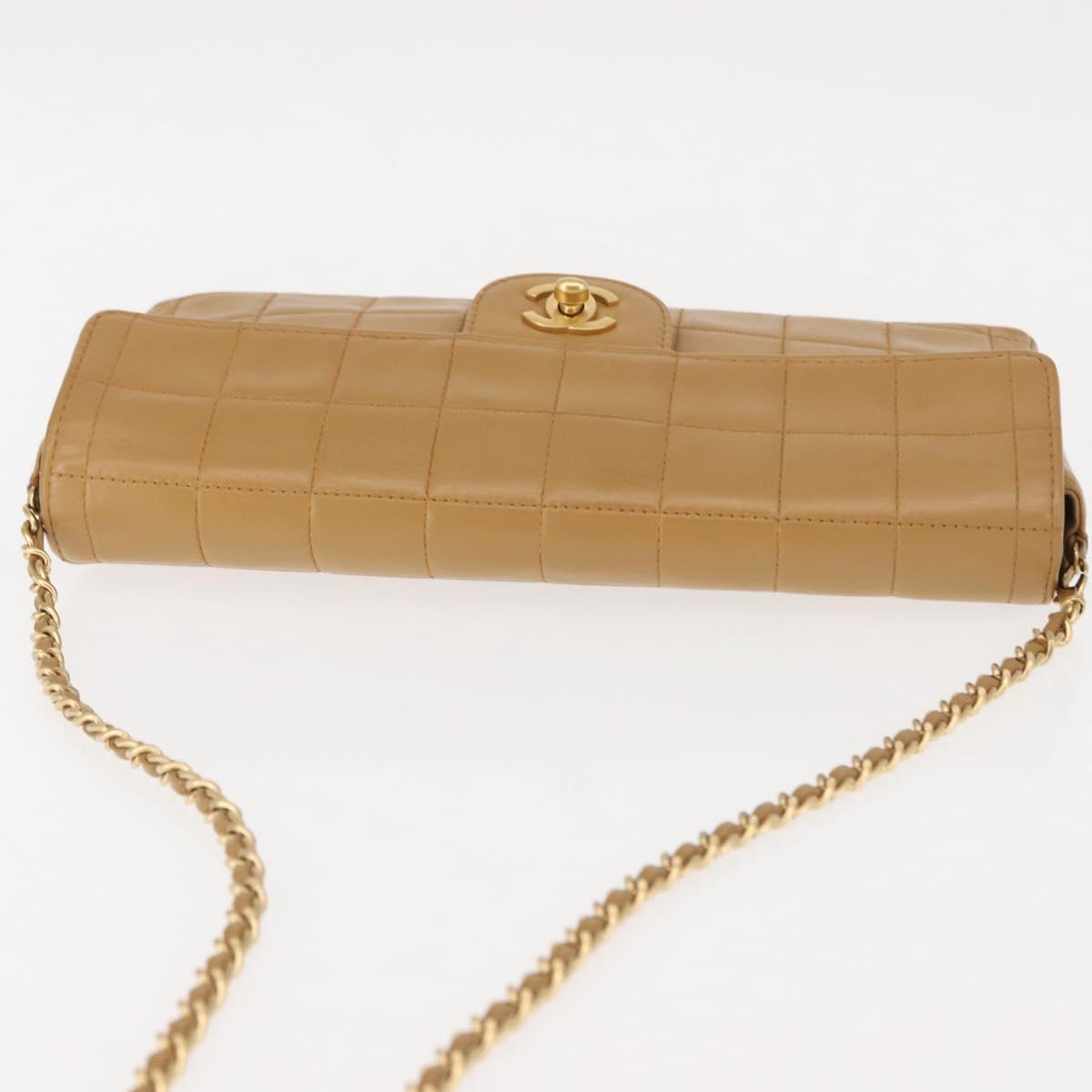 CHANEL Choco Bar Flap Chain Shoulder Bag Lamb Skin Beige Gold CC Auth bs29970