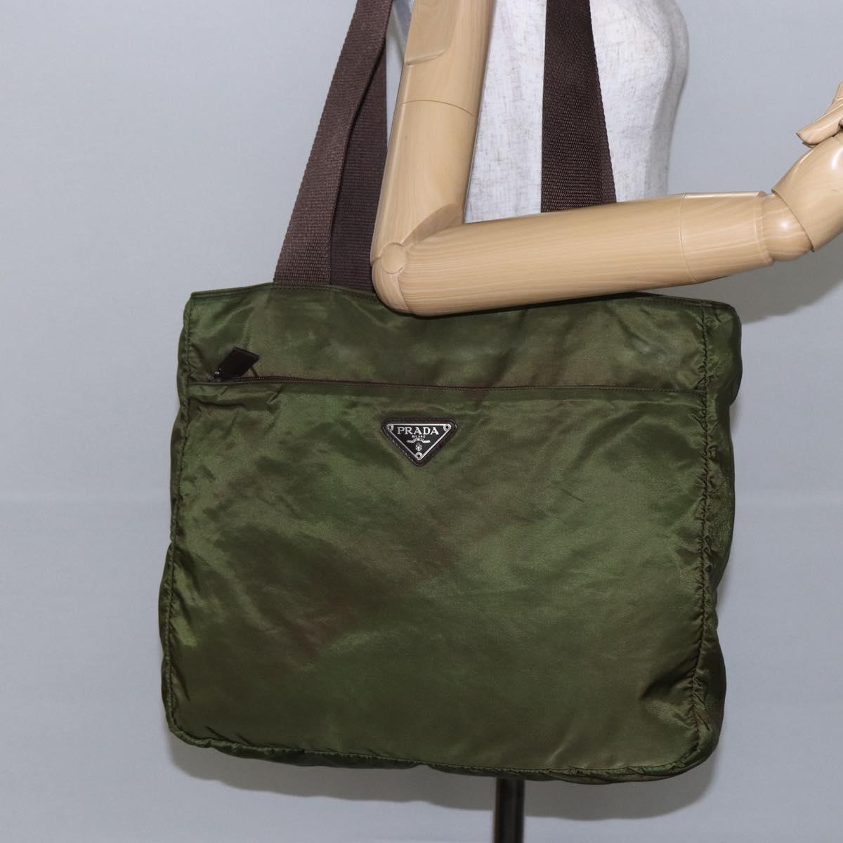 PRADA Tote Bag Nylon Khaki Silver Auth bs29971