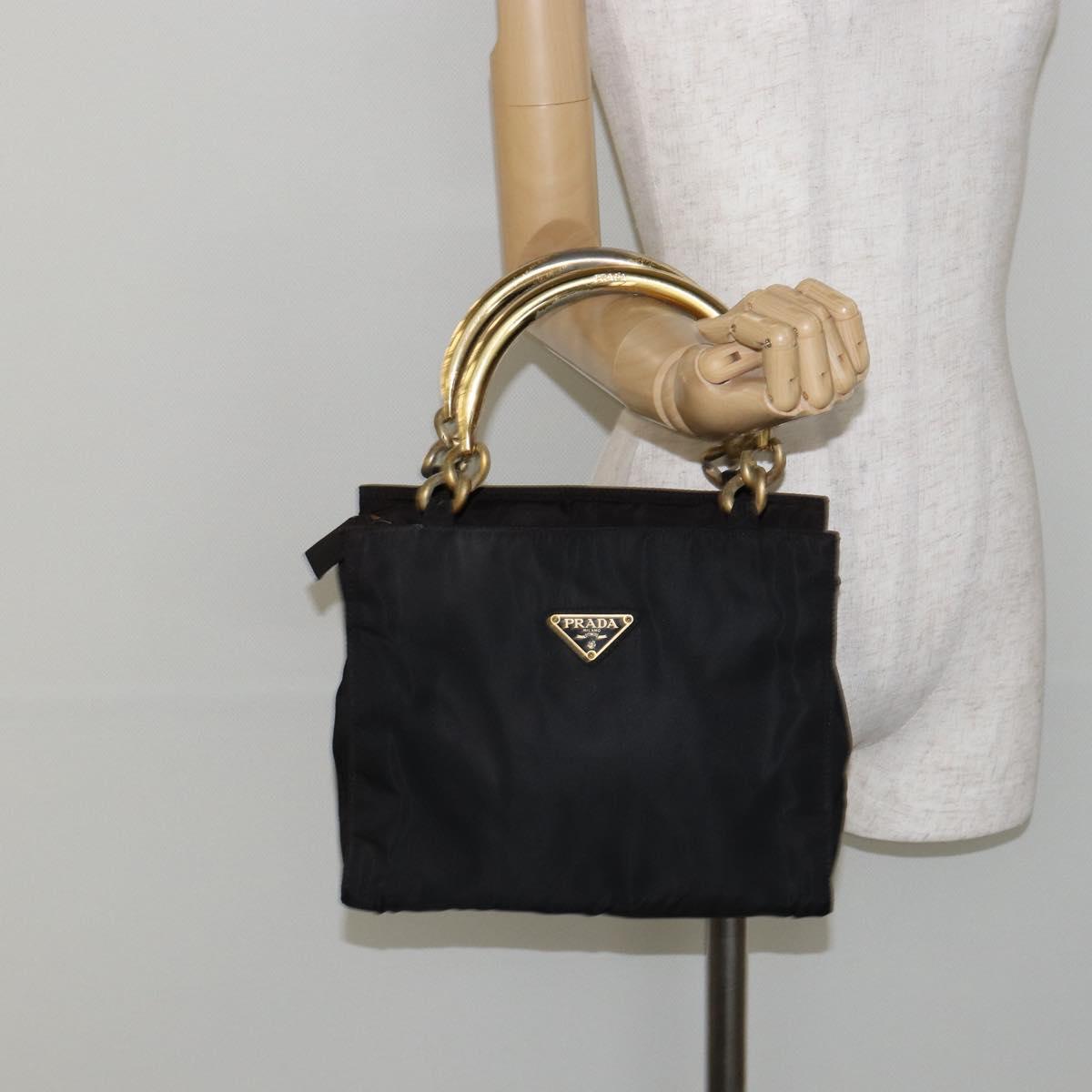 PRADA Hand Bag Nylon Black Gold Auth bs29974