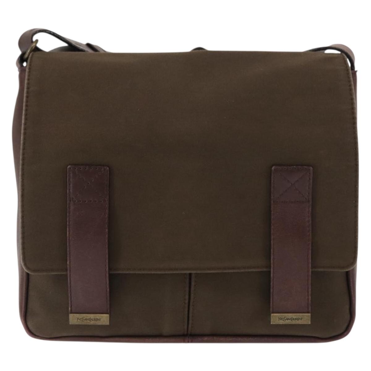 SAINT LAURENT Shoulder Bag Canvas Khaki Gold Auth bs29985