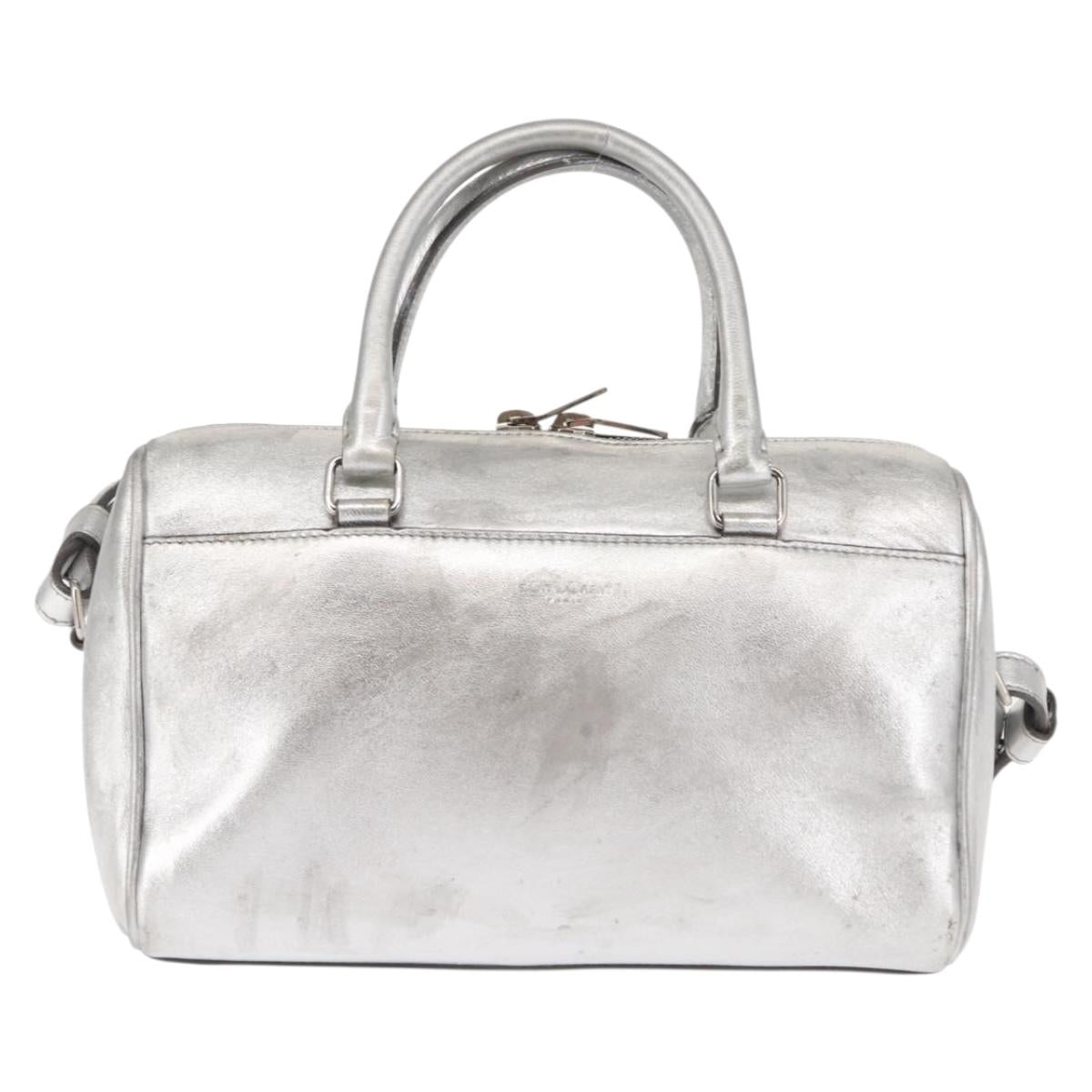 SAINT LAURENT Baby Duffel Mini Boston Bag Leather Silver Auth bs29986
