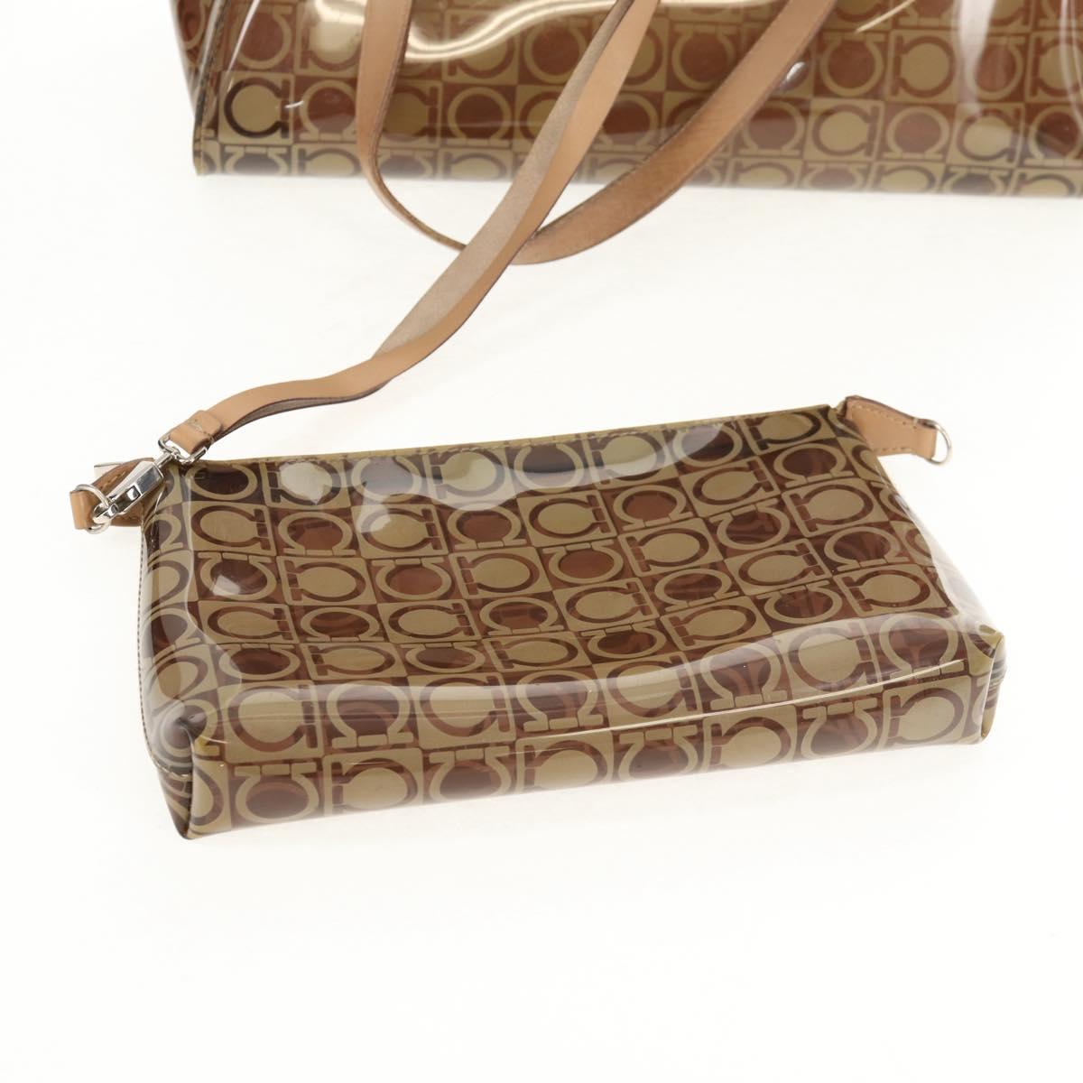 Salvatore Ferragamo Gancini Tote Bag Vinyl Brown Silver Auth bs29993