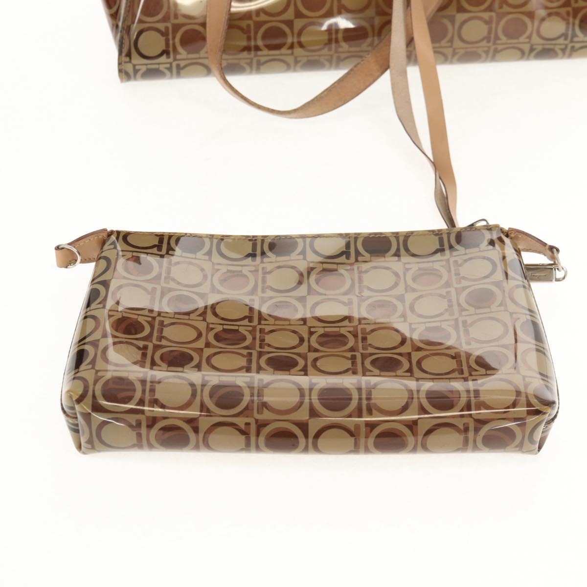 Salvatore Ferragamo Gancini Tote Bag Vinyl Brown Silver Auth bs29993