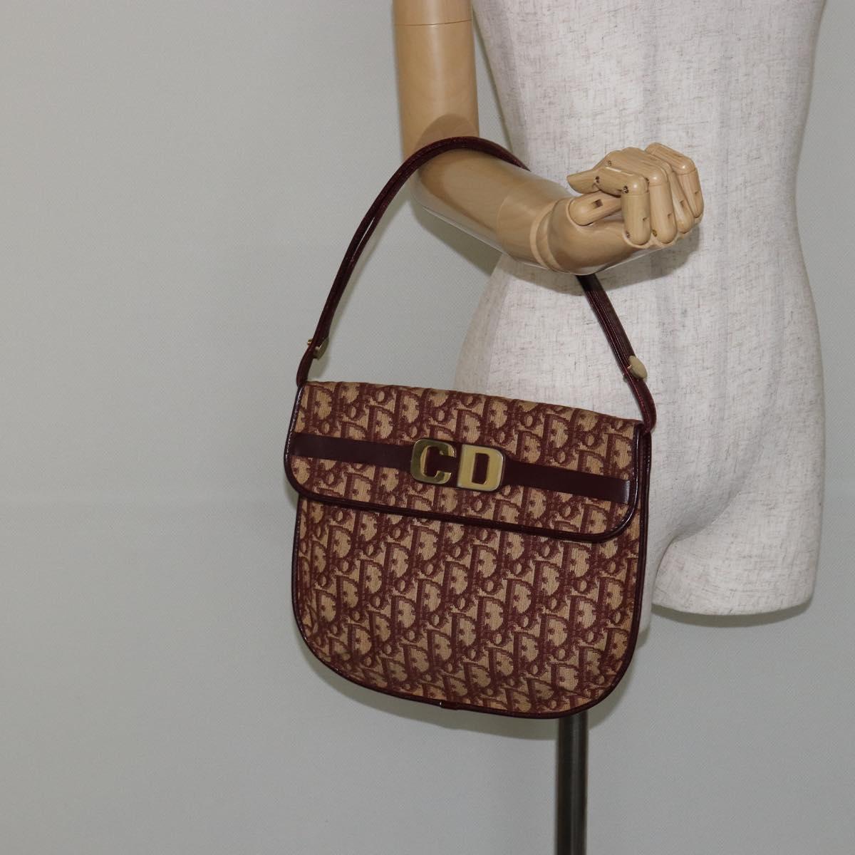 Christian Dior Trotter Canvas Shoulder Bag Bordeaux Gold Auth bs29997