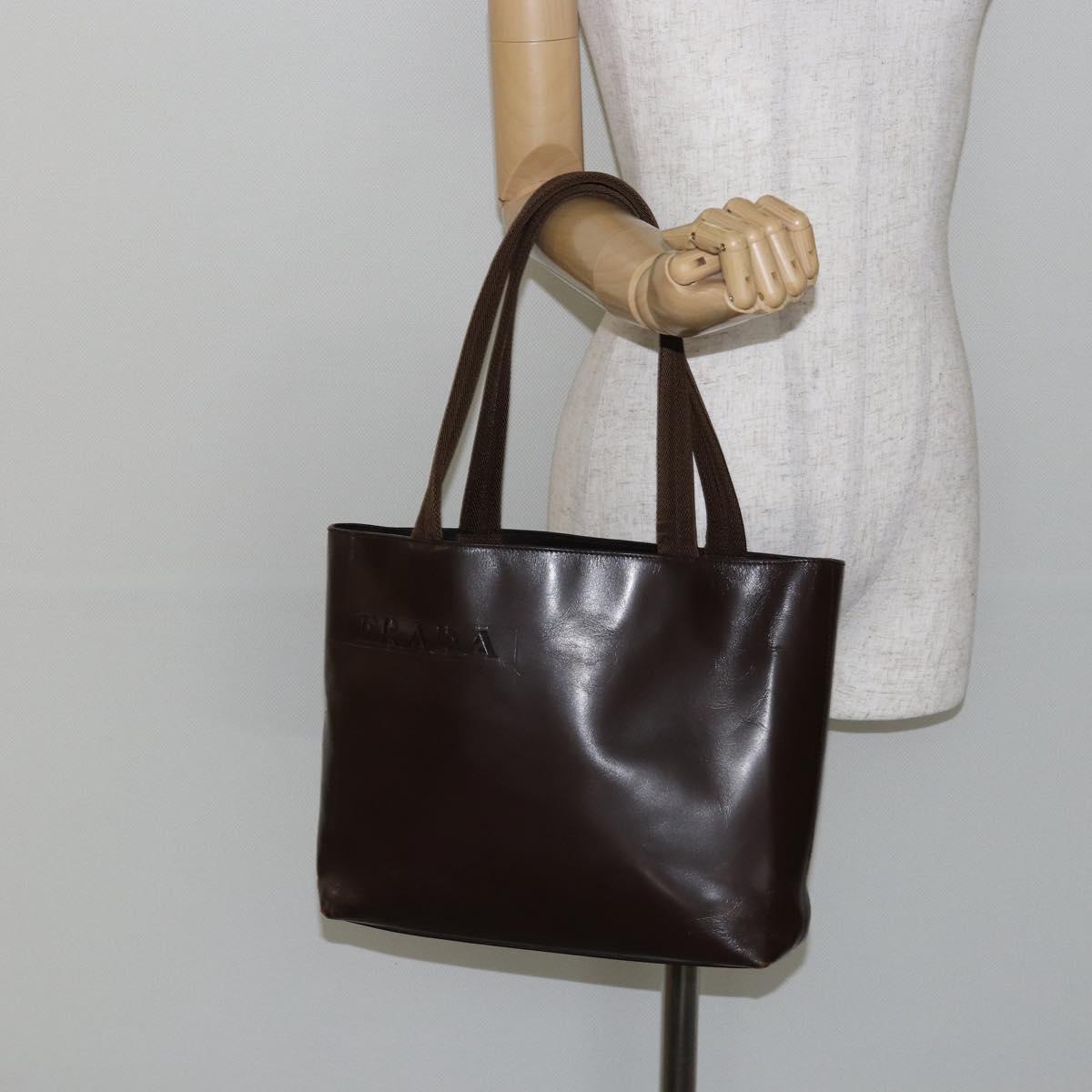 PRADA Tote Bag Leather Brown Silver Auth bs30016