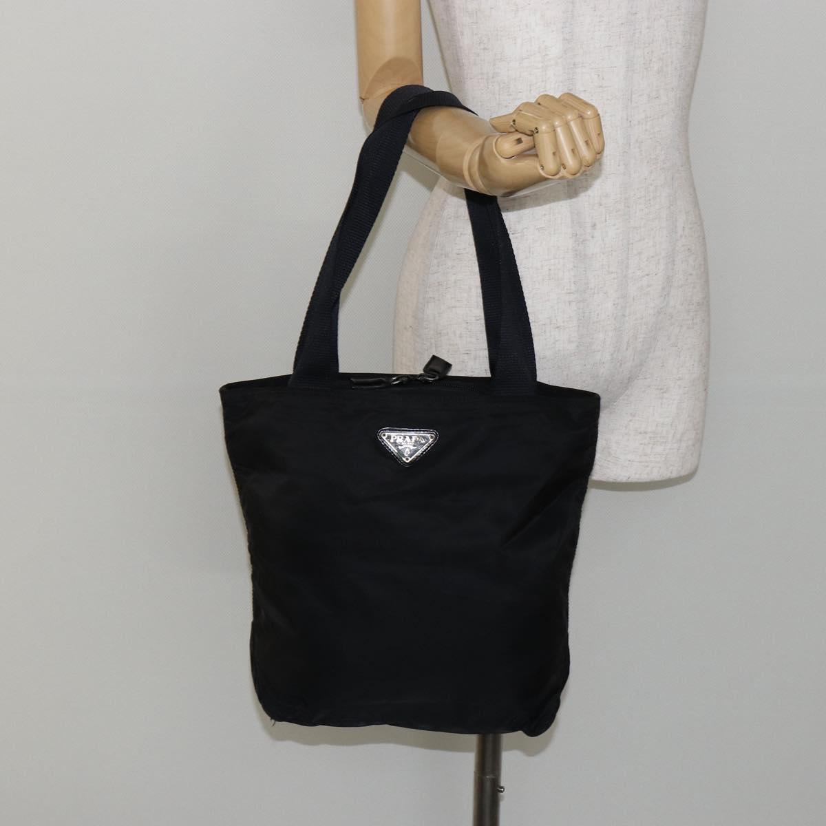 PRADA Tote Bag Nylon Black Silver Auth bs30018