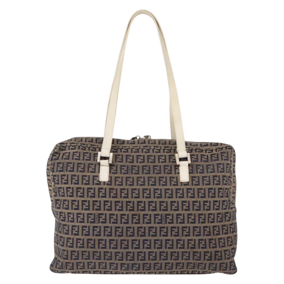 FENDI Zucchino Canvas Tote Bag Navy Gold Auth bs30080