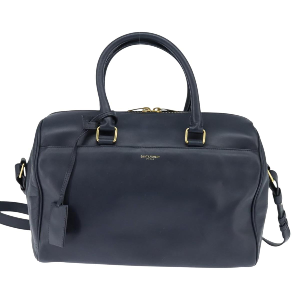 SAINT LAURENT Mini Boston Bag Leather 2way Navy Gold Auth bs30084