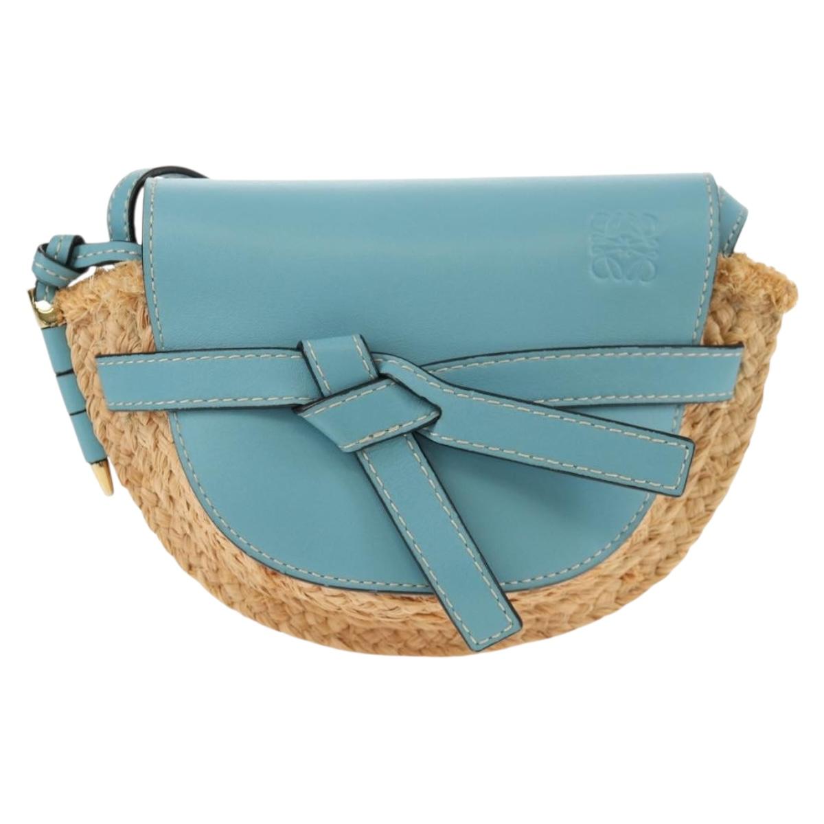 LOEWE Gate Bag Mini Shoulder Bag straw Beige Light Blue Auth bs30097A