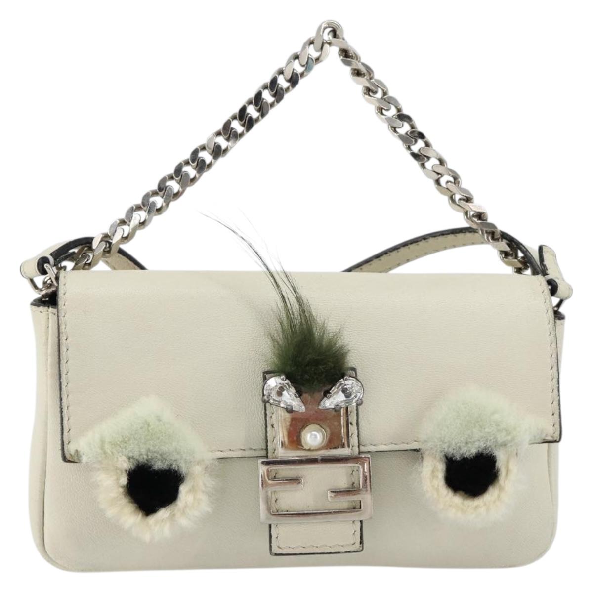 FENDI Micro Bucket Monster Shoulder Bag Leather 2way White Silver Auth bs30100