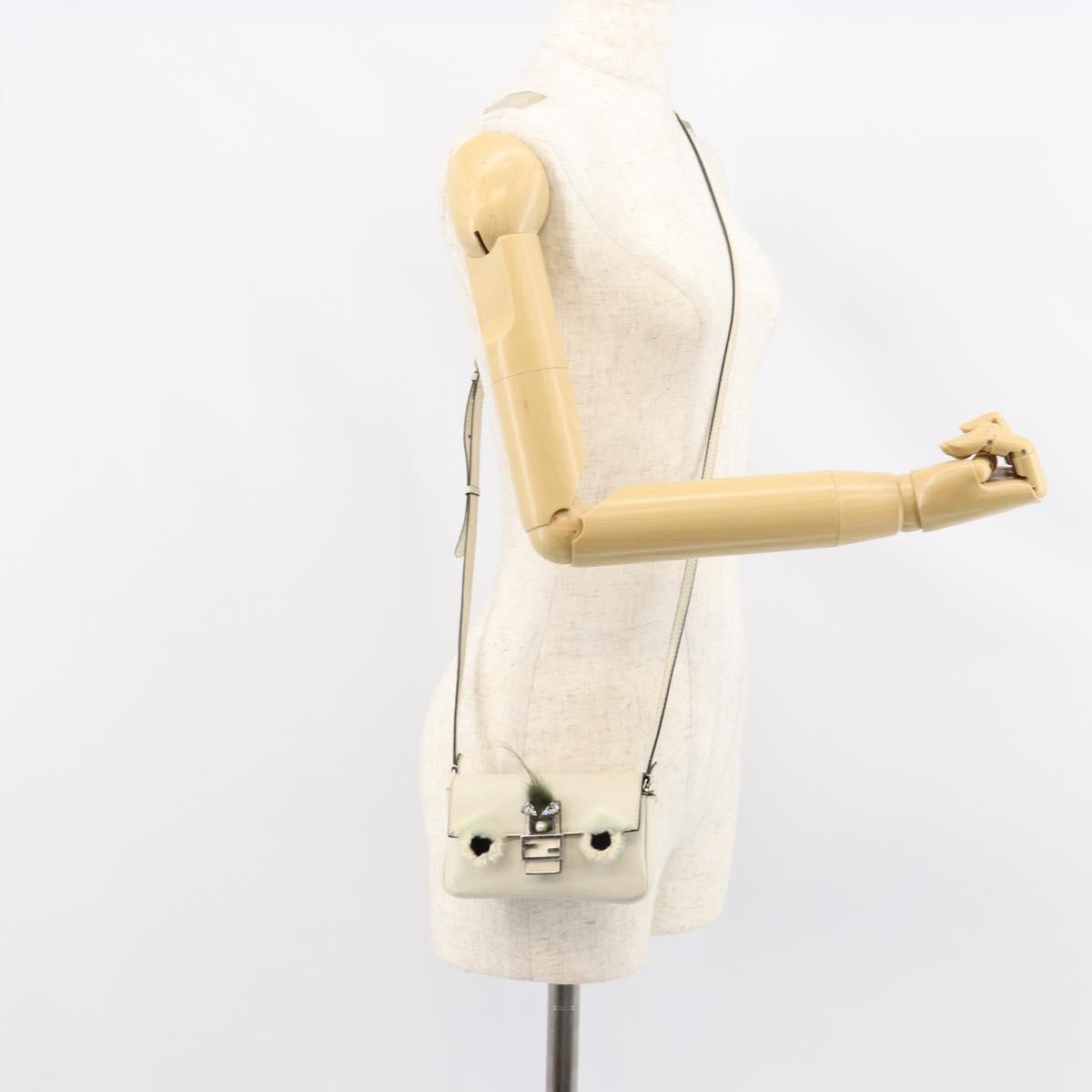 FENDI Micro Bucket Monster Shoulder Bag Leather 2way White Silver Auth bs30100