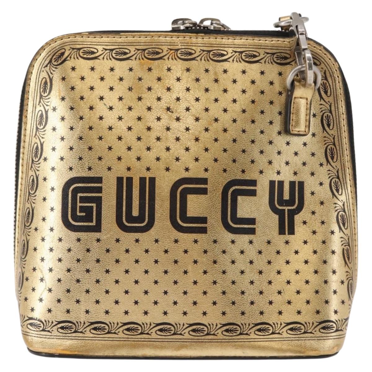 GUCCI GUCCY Print GUCCIxSEGA Bag Leather Gold Silver 511189 Auth bs30126
