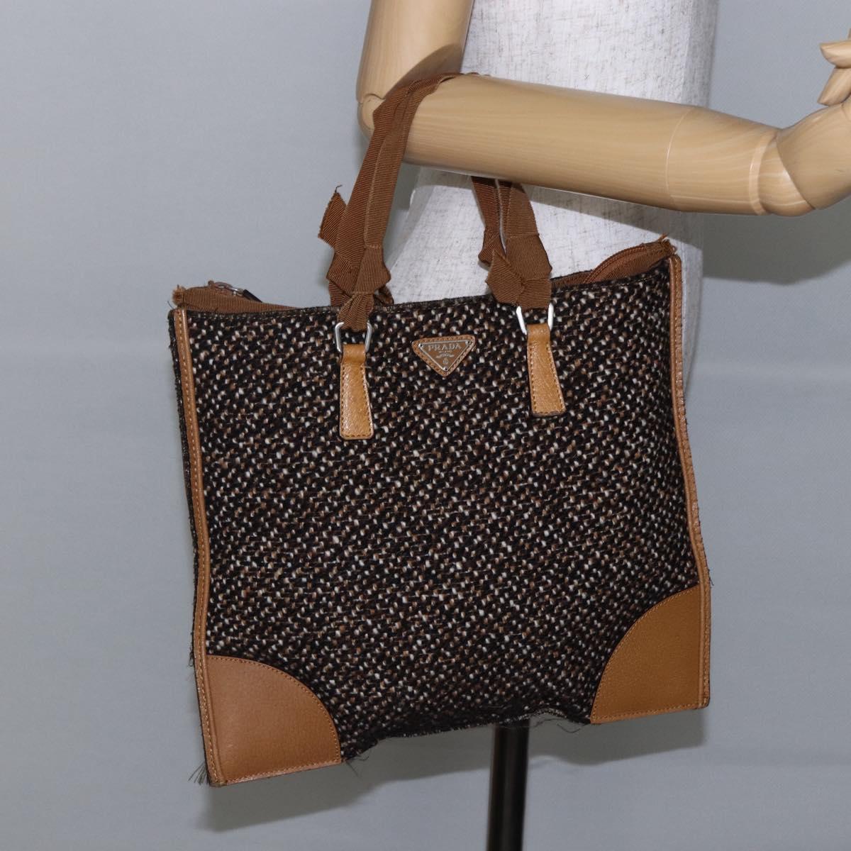 PRADA Hand Bag Tweed Beige Silver Auth bs30129