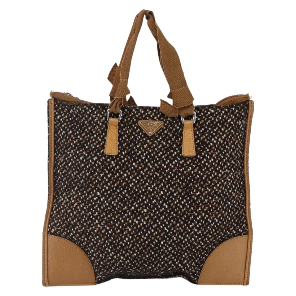PRADA Hand Bag Tweed Beige Silver Auth bs30129