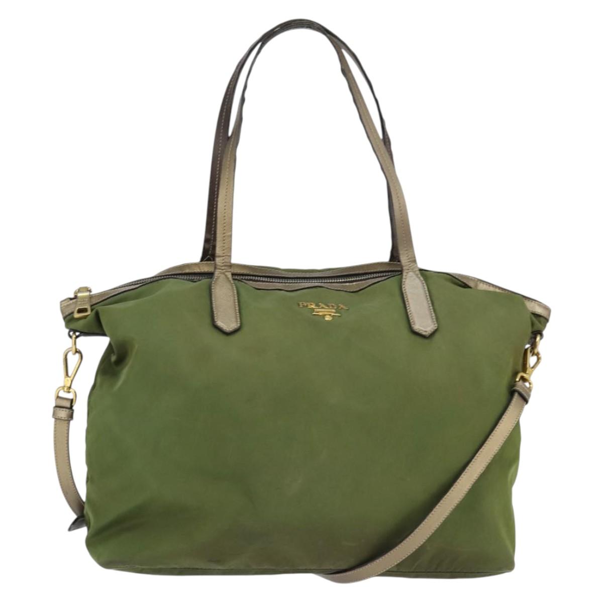 PRADA Tote Bag Nylon Khaki Gold Auth bs30152