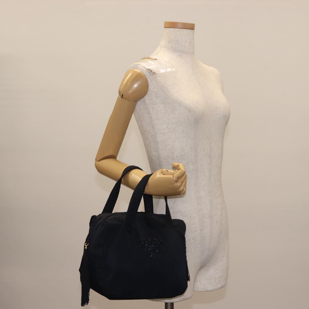 PRADA Beads Fringe Hand Bag Nylon Navy Gold Auth bs30157