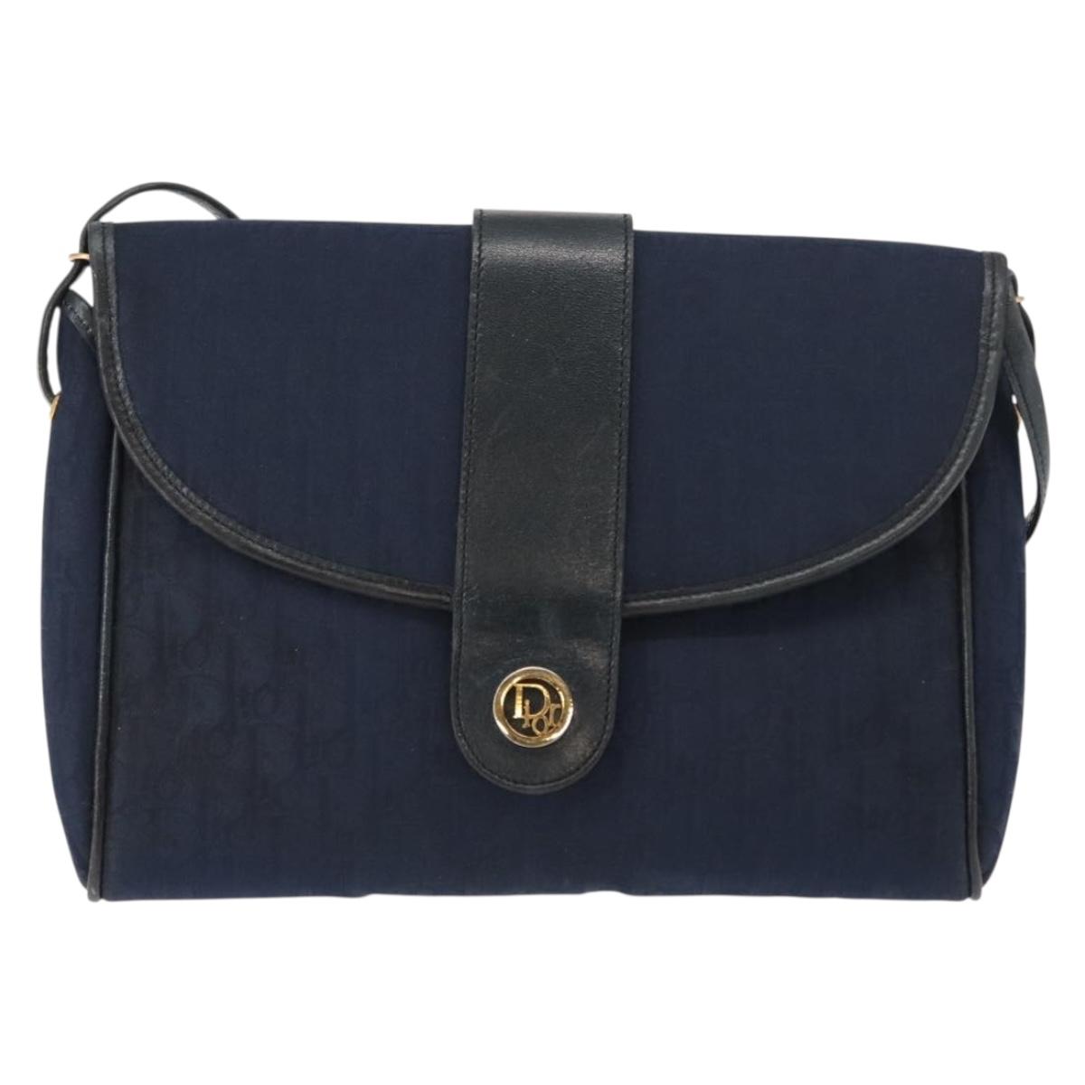 Christian Dior Trotter Canvas Shoulder Bag Navy Gold Auth bs30159
