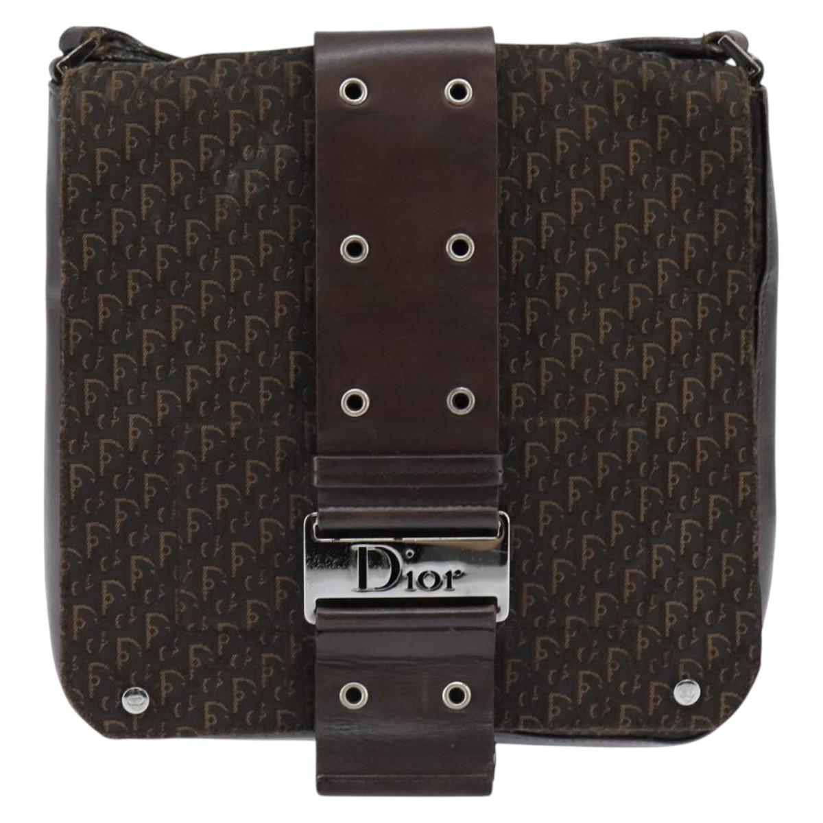 Christian Dior Trotter Canvas Shoulder Bag Brown Silver Auth bs30163