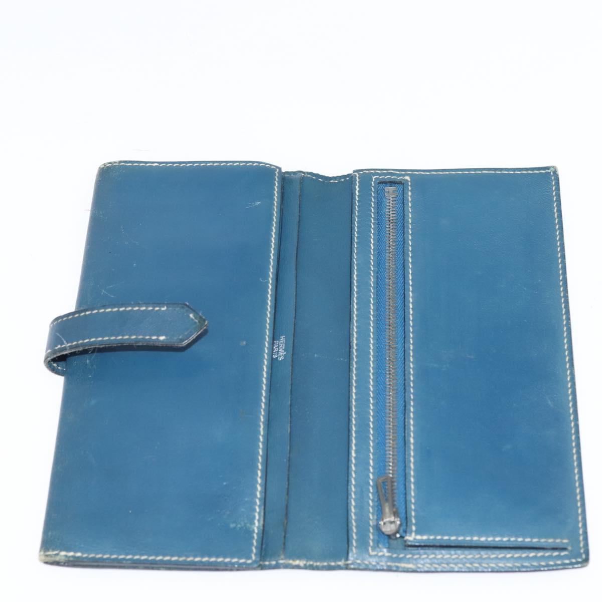 HERMES Bean Wallet Leather Blue Silver Auth bs30184