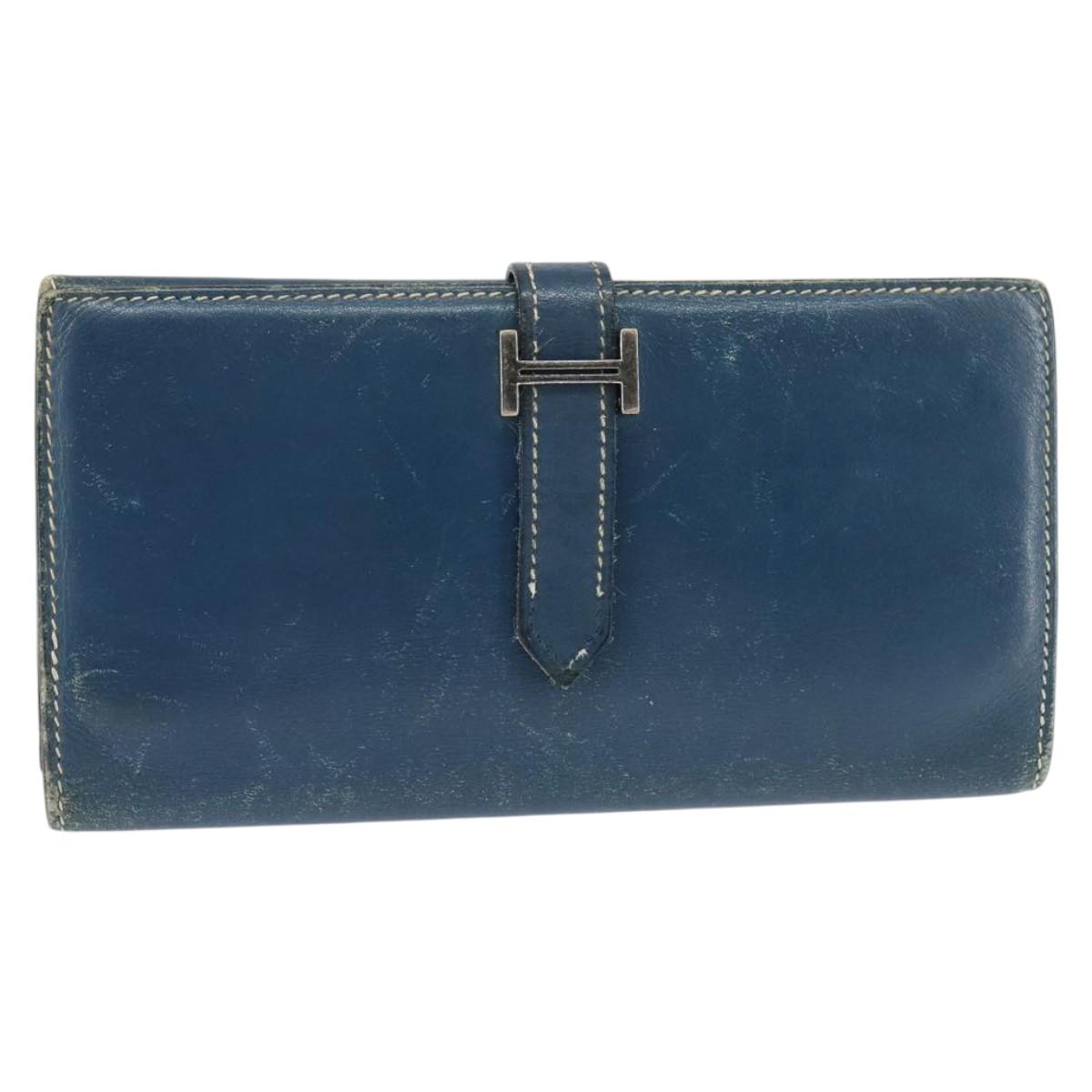 HERMES Bean Wallet Leather Blue Silver Auth bs30184