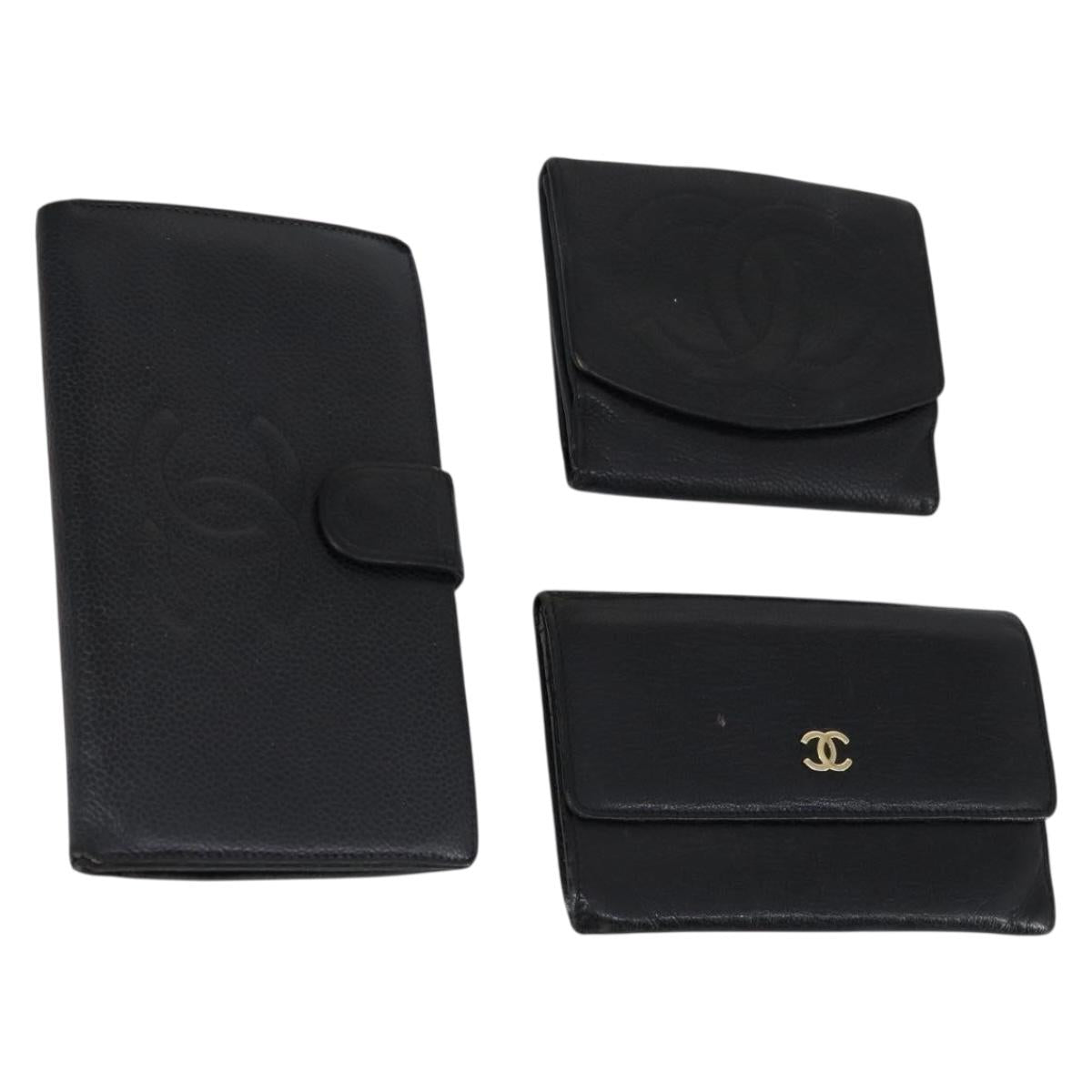 CHANEL Wallet Leather 3Set Black CC Auth bs30194