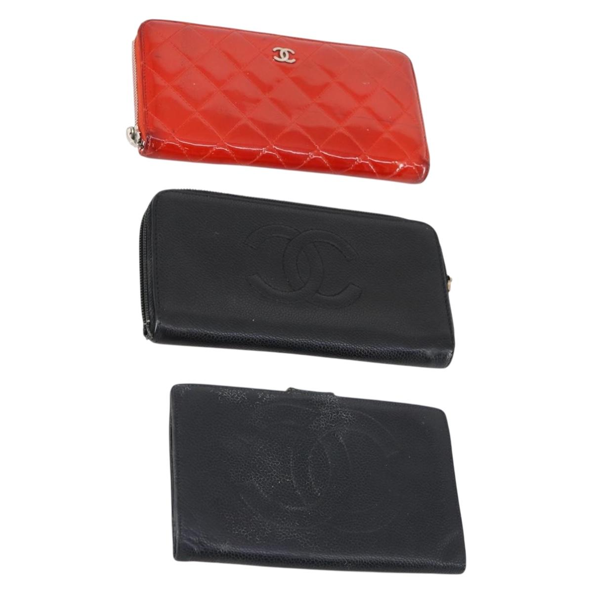 CHANEL Wallet Enamel Leather 3Set Black Red CC Auth bs30195