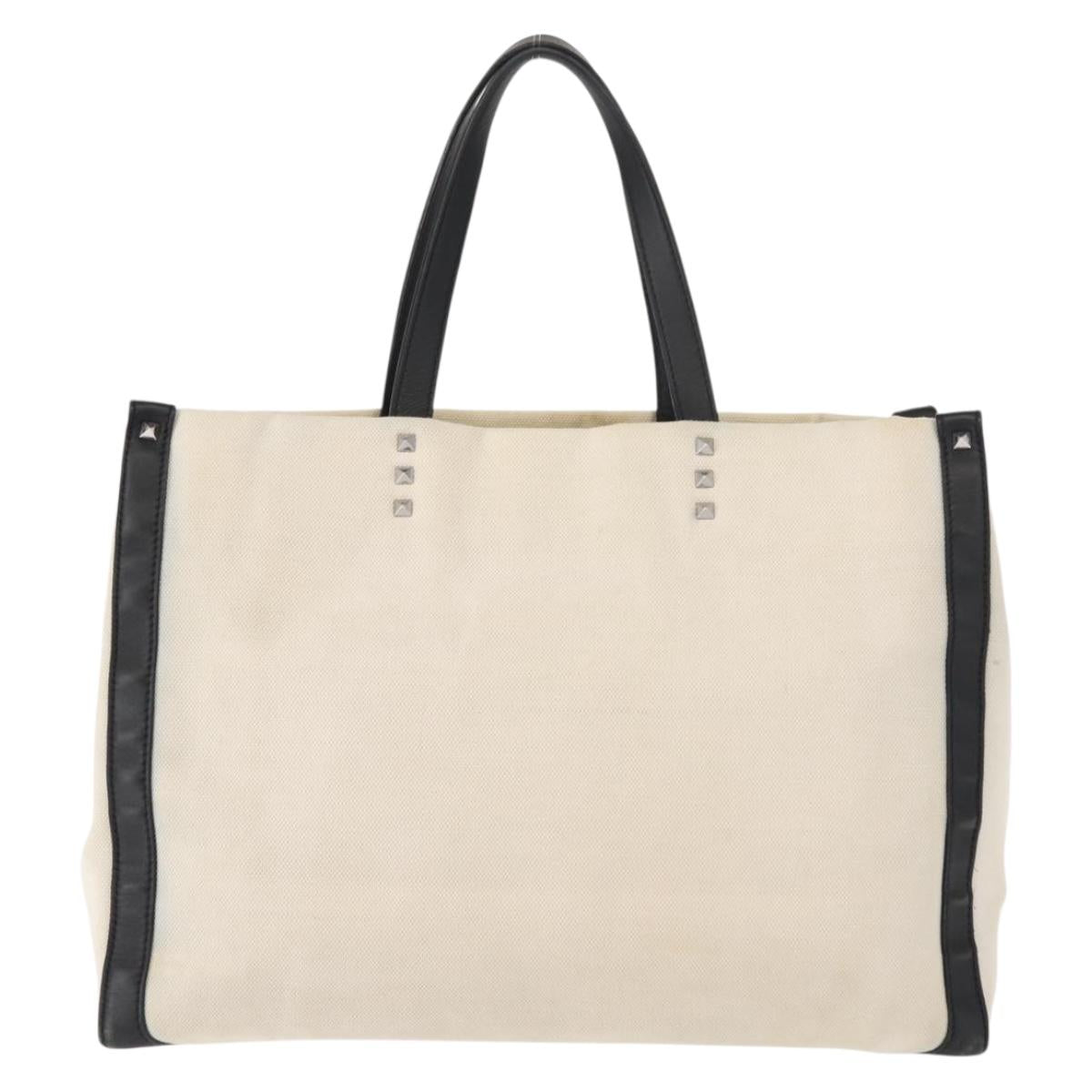 VALENTINO Studs Tote Bag Canvas White Silver Auth bs30222