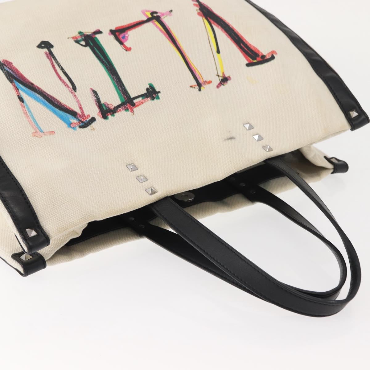 VALENTINO Studs Tote Bag Canvas White Silver Auth bs30222