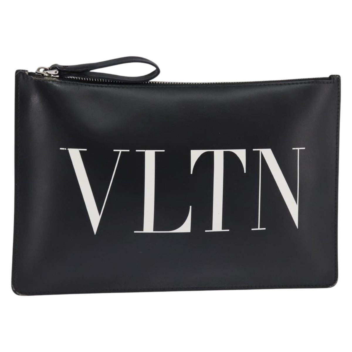 VALENTINO Clutch Bag Leather Black Silver Auth bs30223