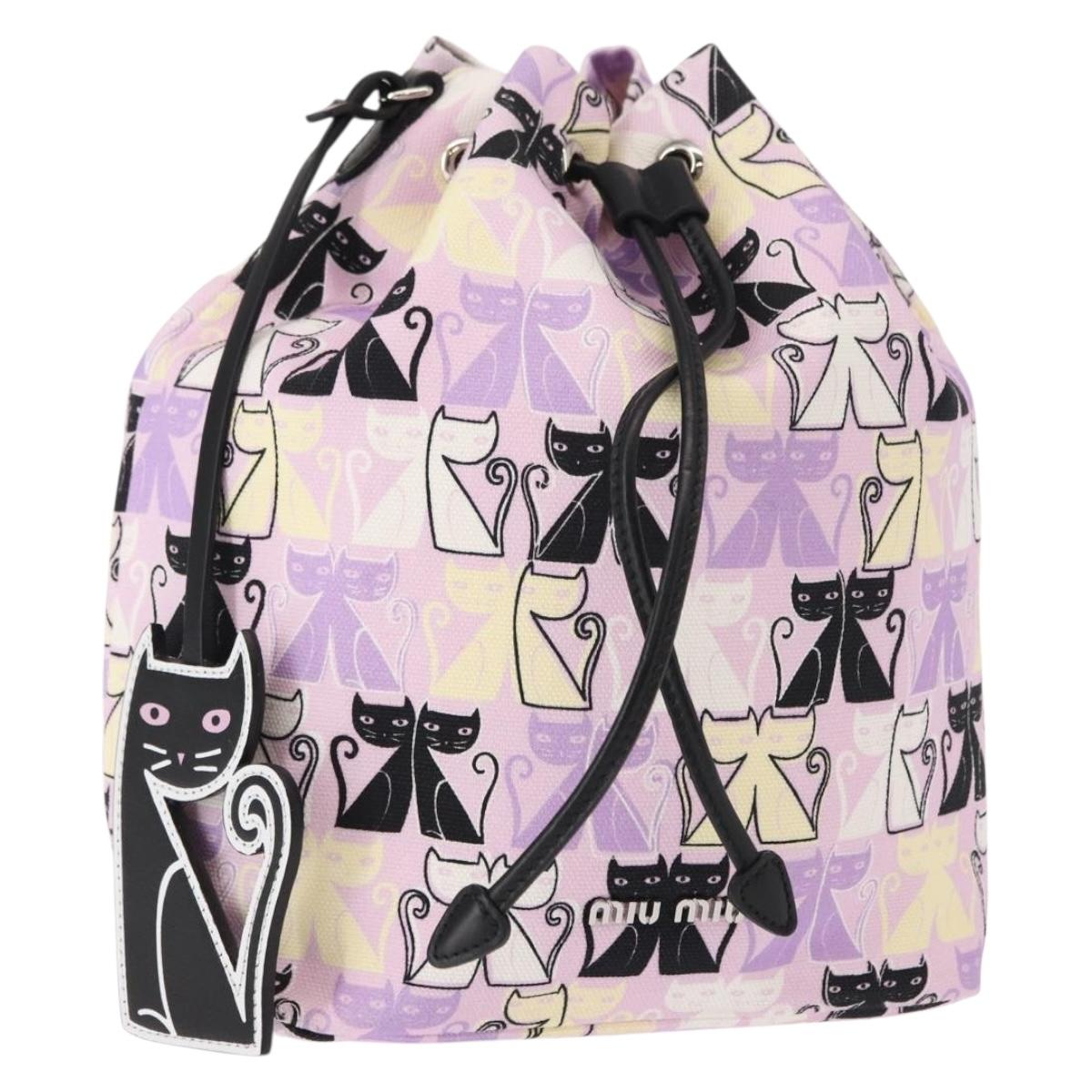Miu Miu Madras Cat Drawstring Pouch Canvas Pink Silver Auth bs30224