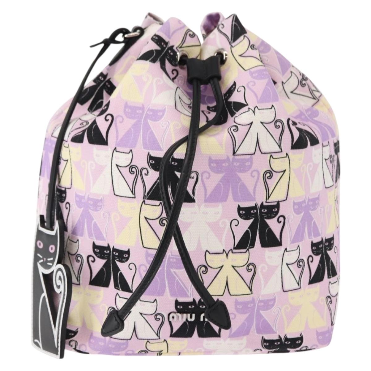 Miu Miu Madras Cat Drawstring Pouch Canvas Pink Silver Auth bs30224