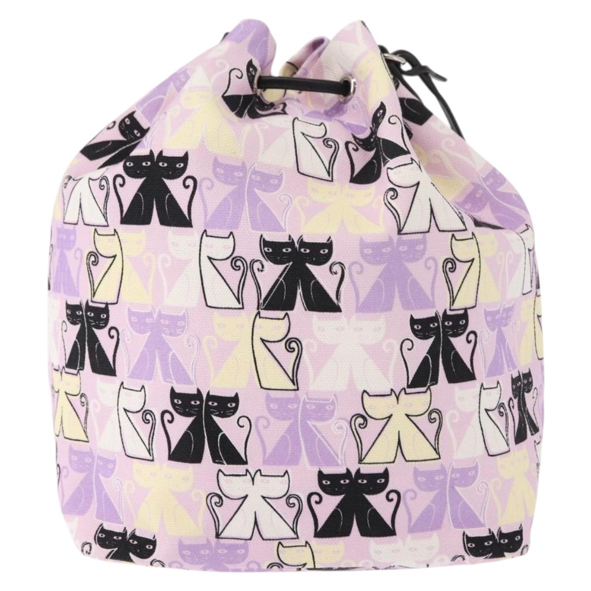 Miu Miu Madras Cat Drawstring Pouch Canvas Pink Silver Auth bs30224