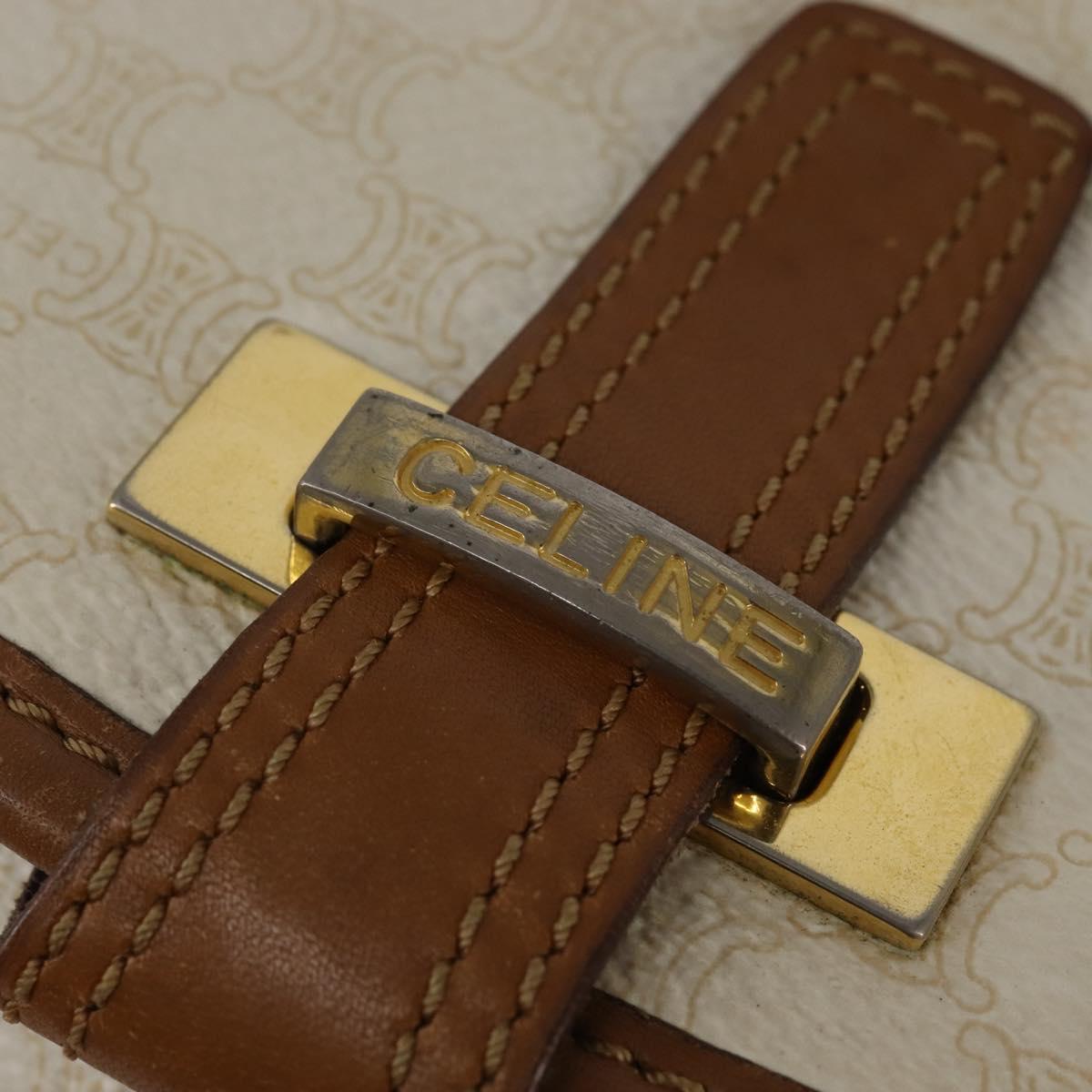 CELINE Macadam Canvas Shoulder Bag PVC Leather White Gold Auth bs30227