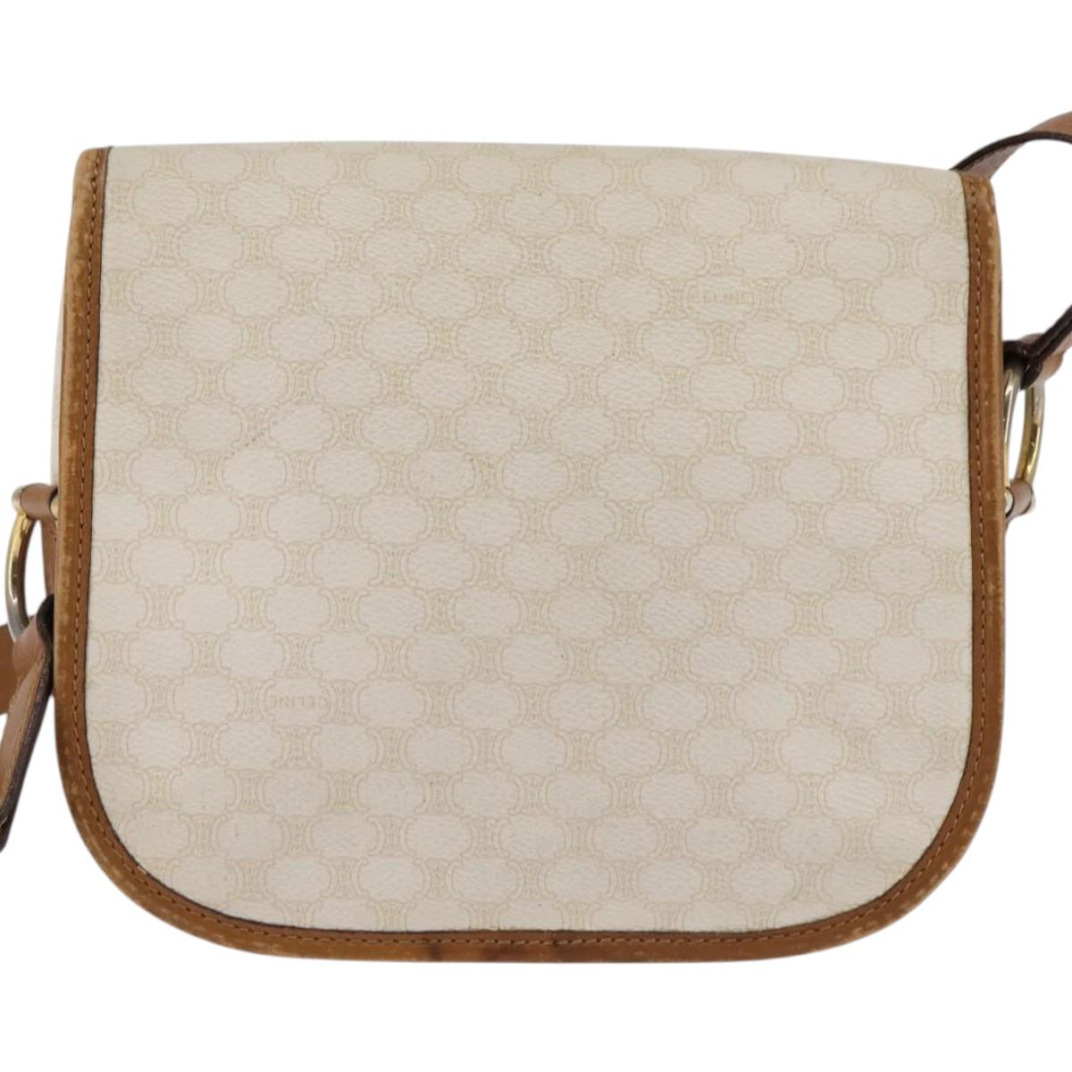 CELINE Macadam Canvas Shoulder Bag PVC Leather White Gold Auth bs30227