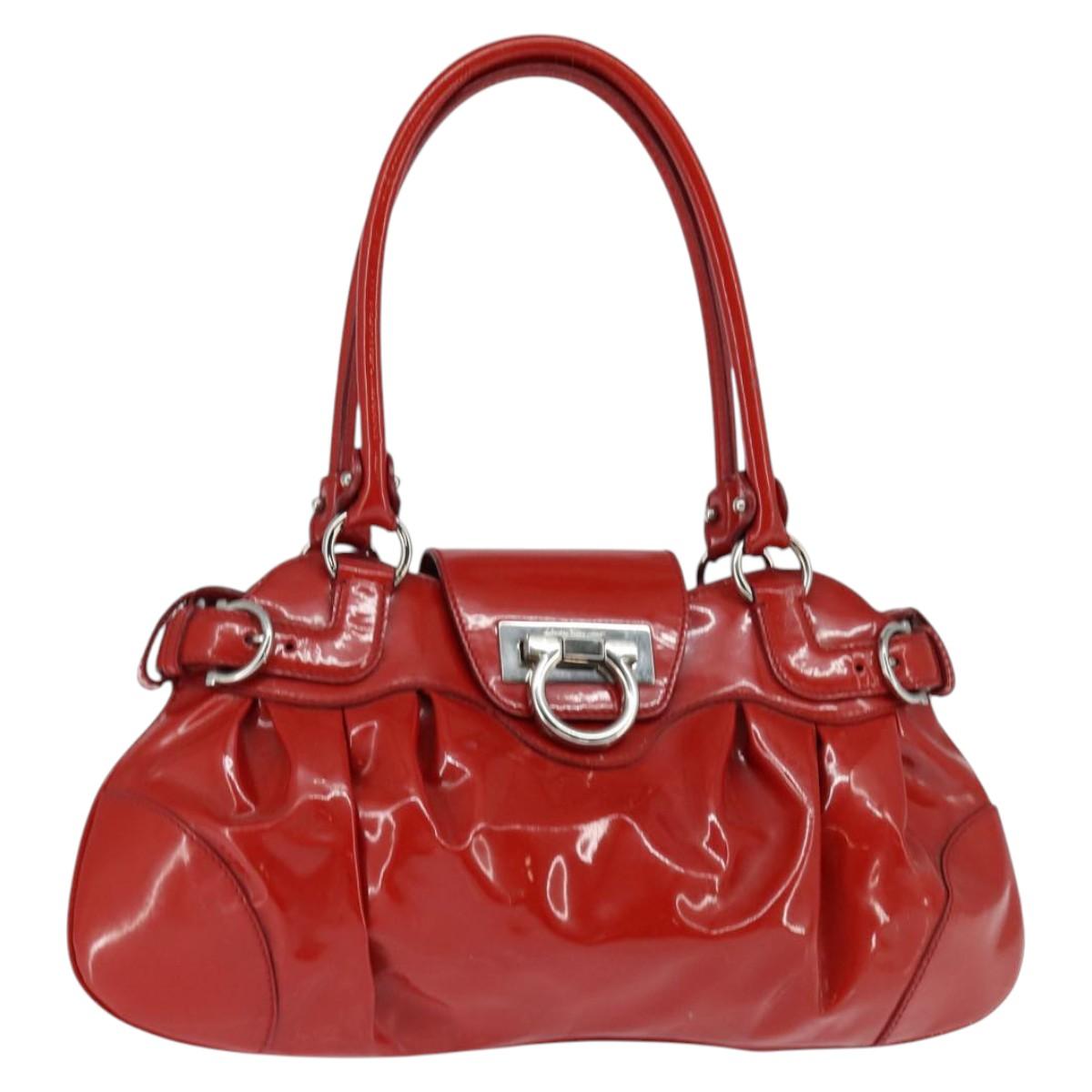 Salvatore Ferragamo Gancini Marissa Bag Patent leather Red Silver Auth bs30235