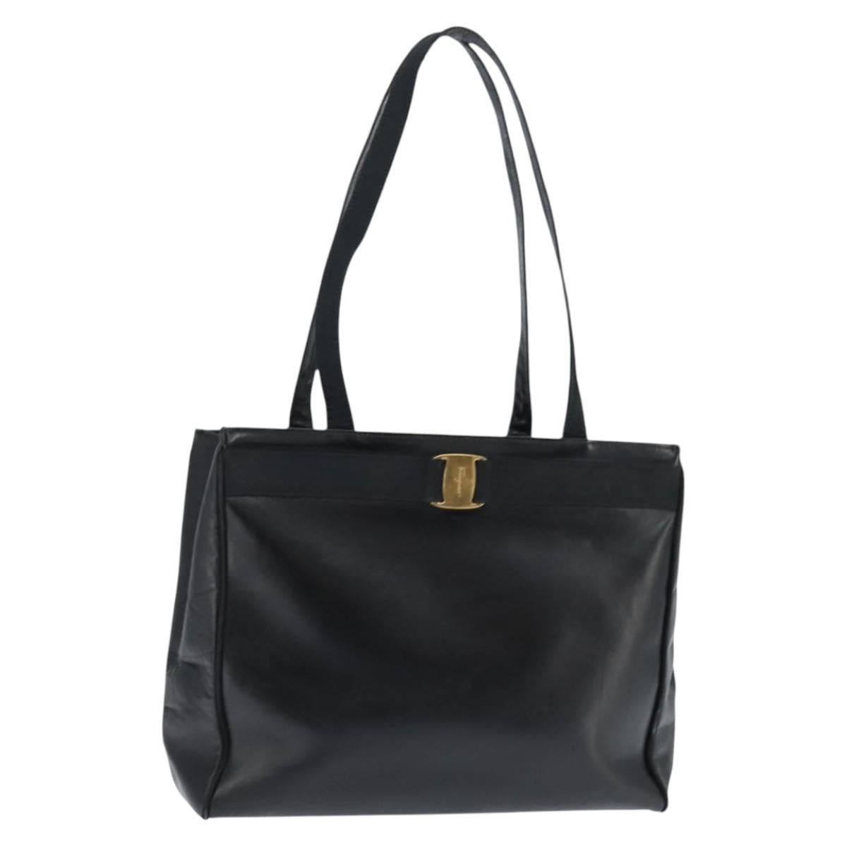 Salvatore Ferragamo Vala Tote Bag Leather Black Gold Auth bs30236