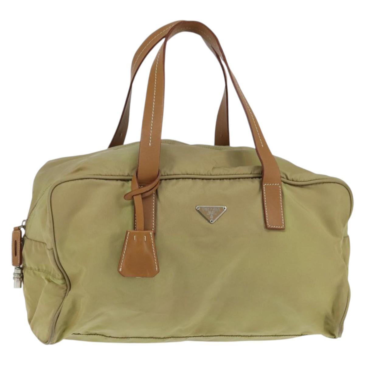 PRADA Boston Bag Nylon Beige Silver Auth bs30240