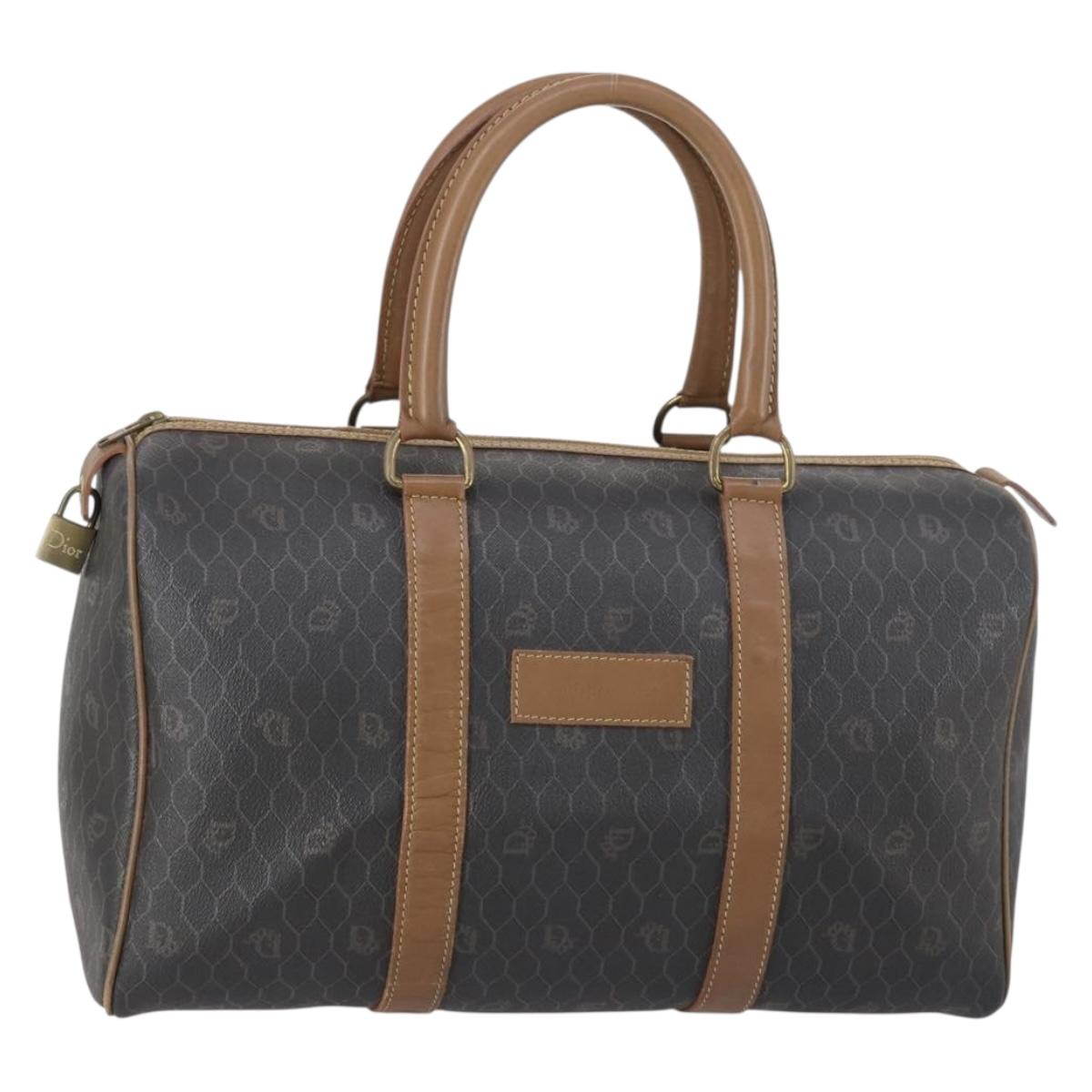 Christian Dior Honeycomb Canvas Boston Bag PVC Black Gold Auth bs30245