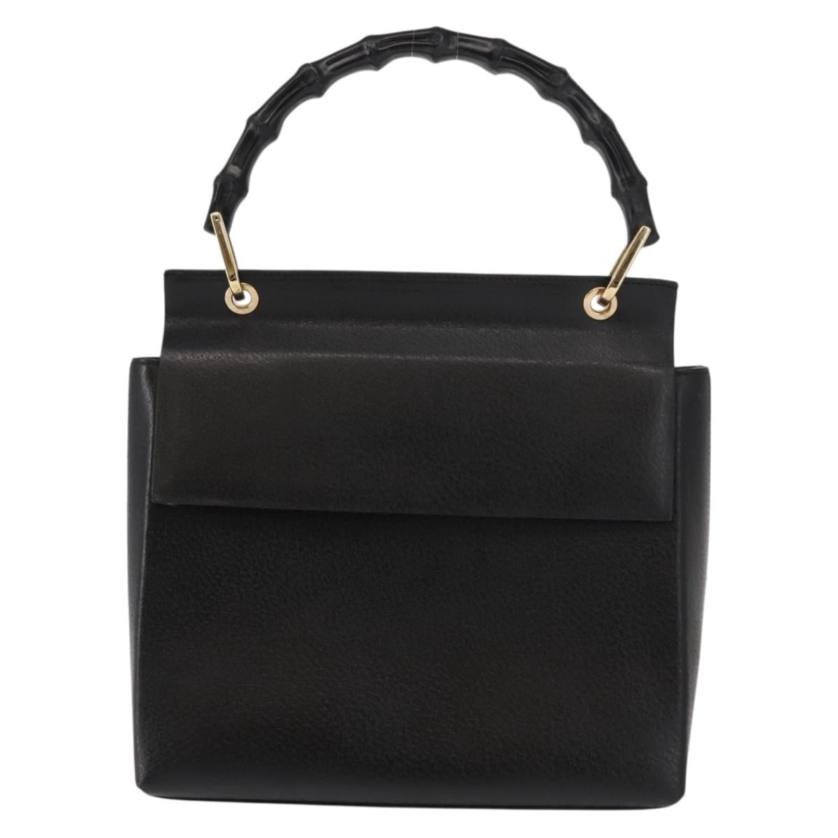GUCCI Bamboo Hand Bag Leather Black Gold Auth bs30278
