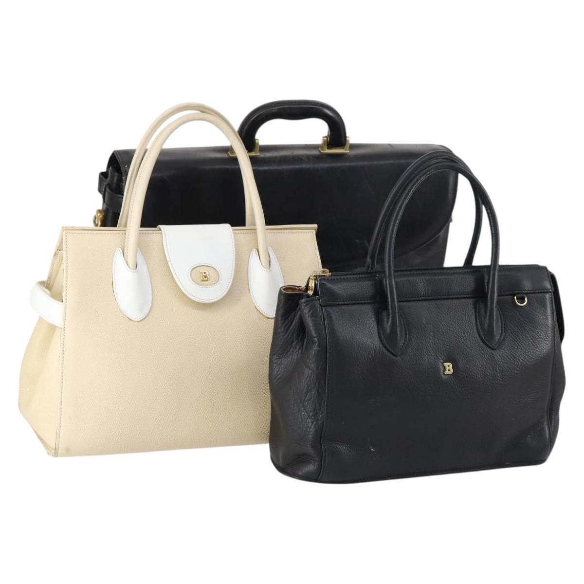 BALLY Hand Bag Leather 3Set Black Ivory Auth bs30280