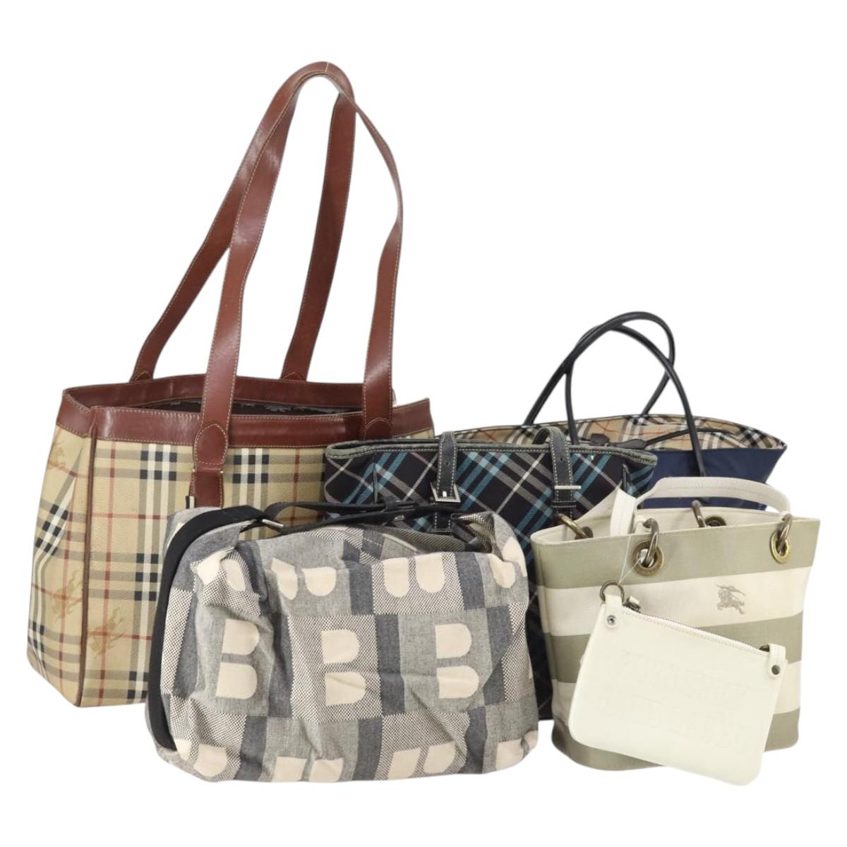 BURBERRY Nova Check Tote Bag PVC Nylon Canvas 5Set Beige Navy Auth bs30285