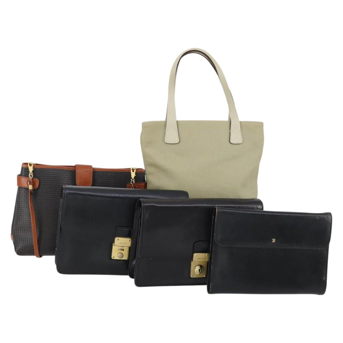 BALLY Tote Bag Leather Nylon PVC 5Set Black Beige Auth bs30296