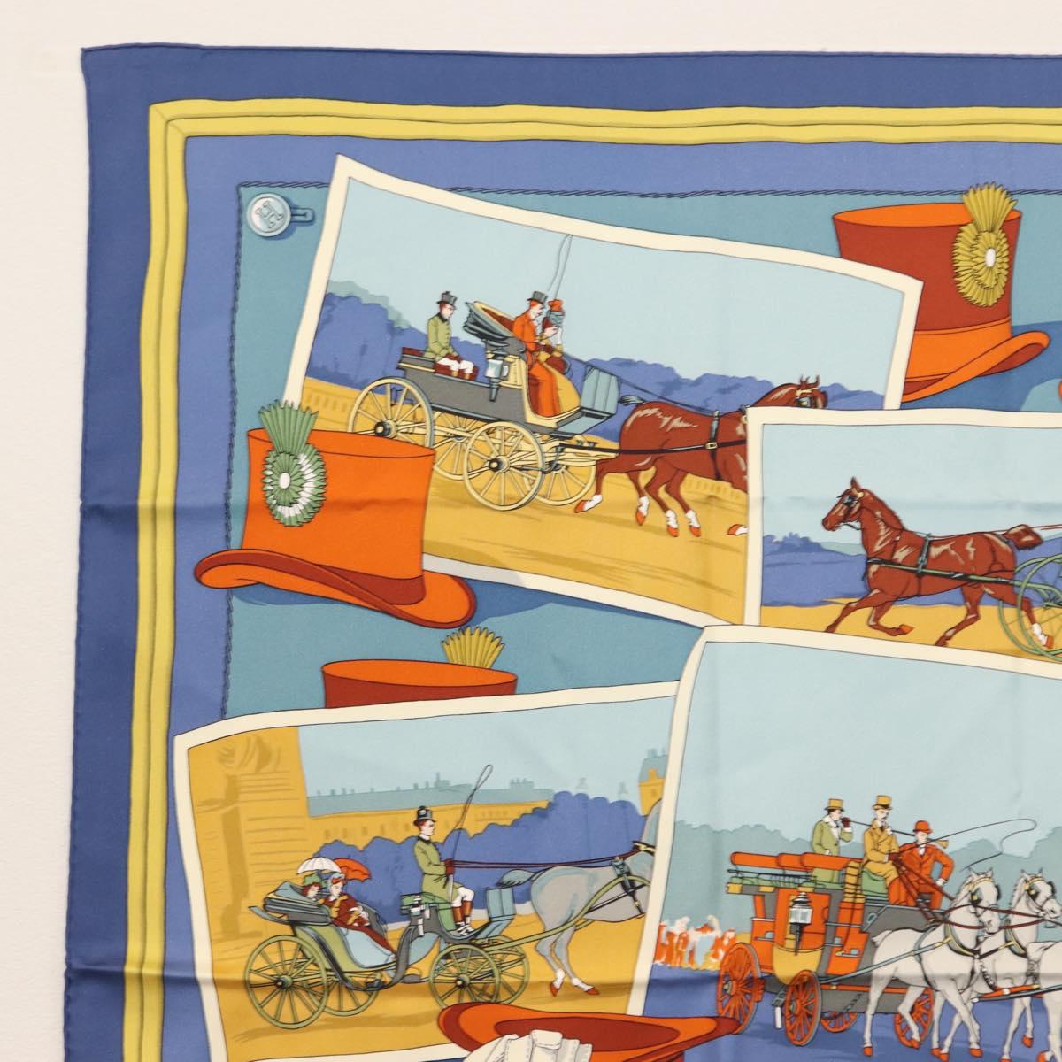 HERMES Carre 90 Scarf Silk ""Mail Coach"" Blue Auth bs30298