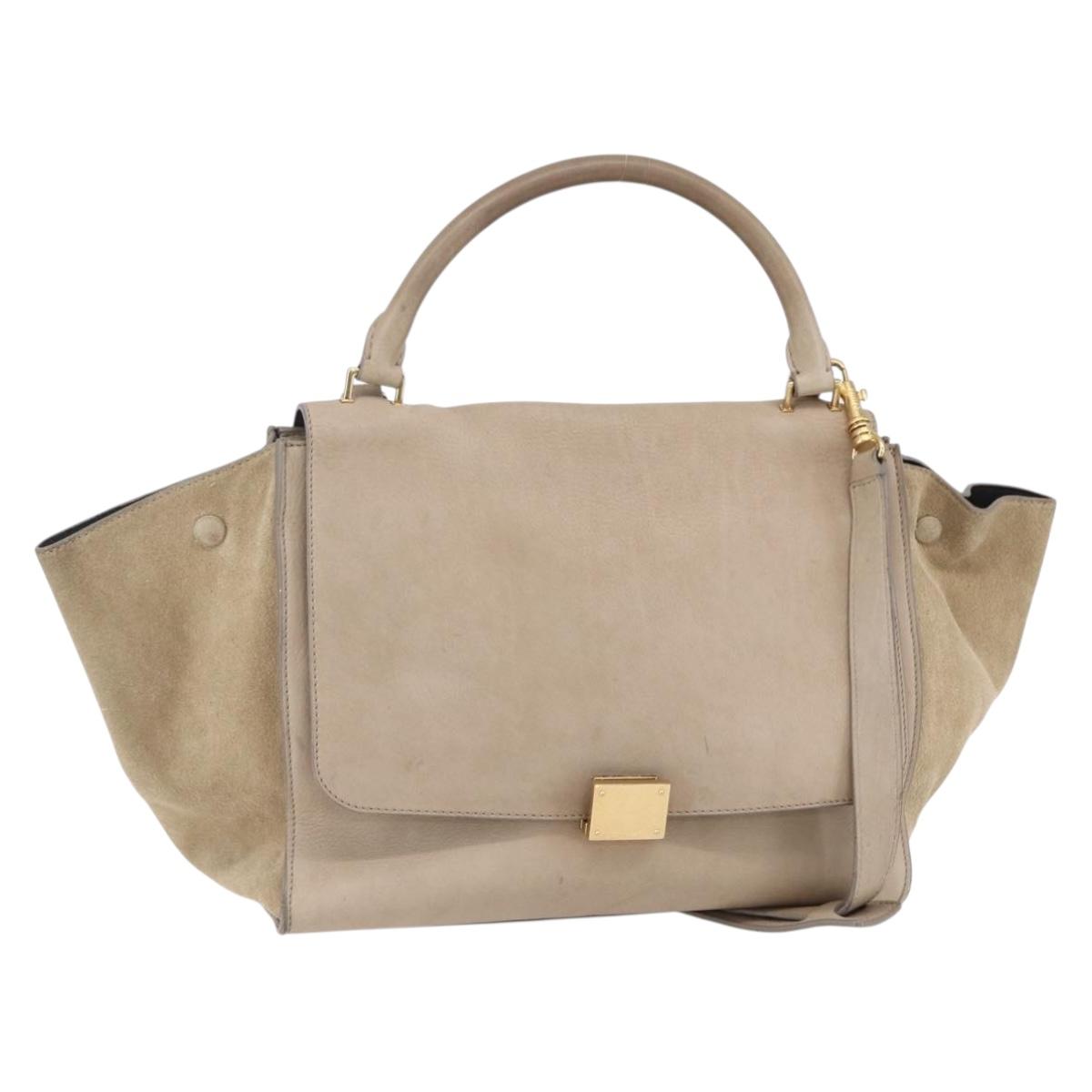 CELINE Trapeze Hand Bag Leather 2way Beige Gold Auth bs30311