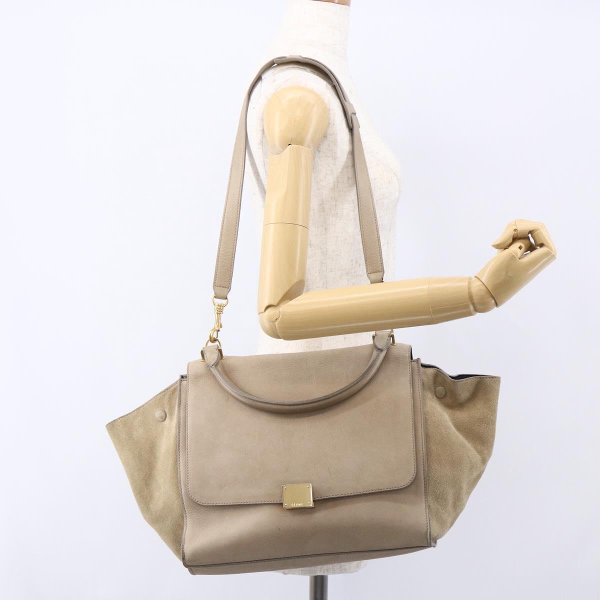 CELINE Trapeze Hand Bag Leather 2way Beige Gold Auth bs30311