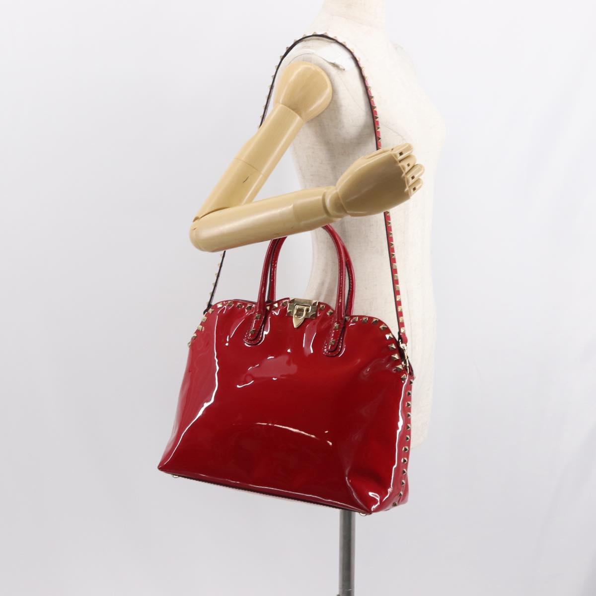 VALENTINO Rock Studs Hand Bag Patent leather 2way Red Gold Auth bs30313
